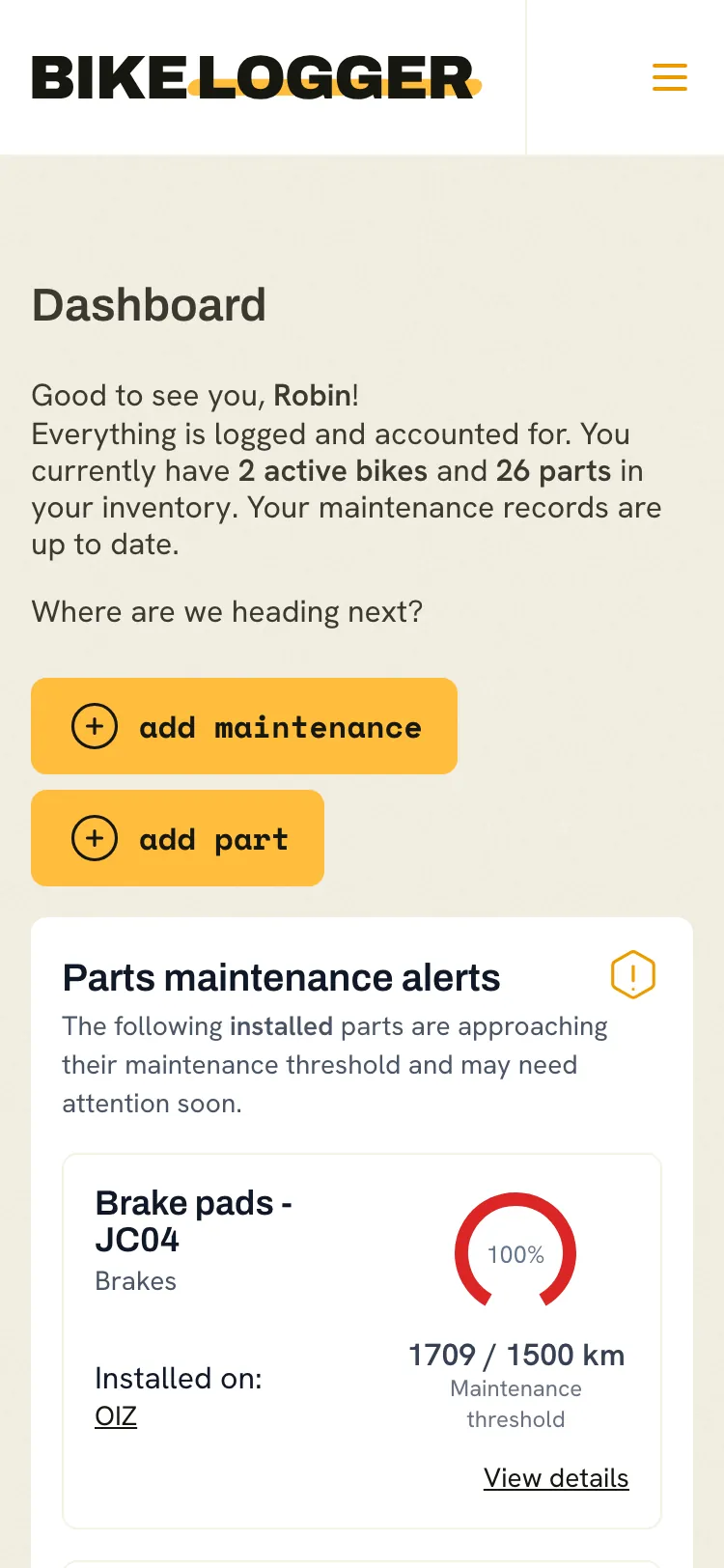 The Bike Logger dashboard, showing which parts need attention
