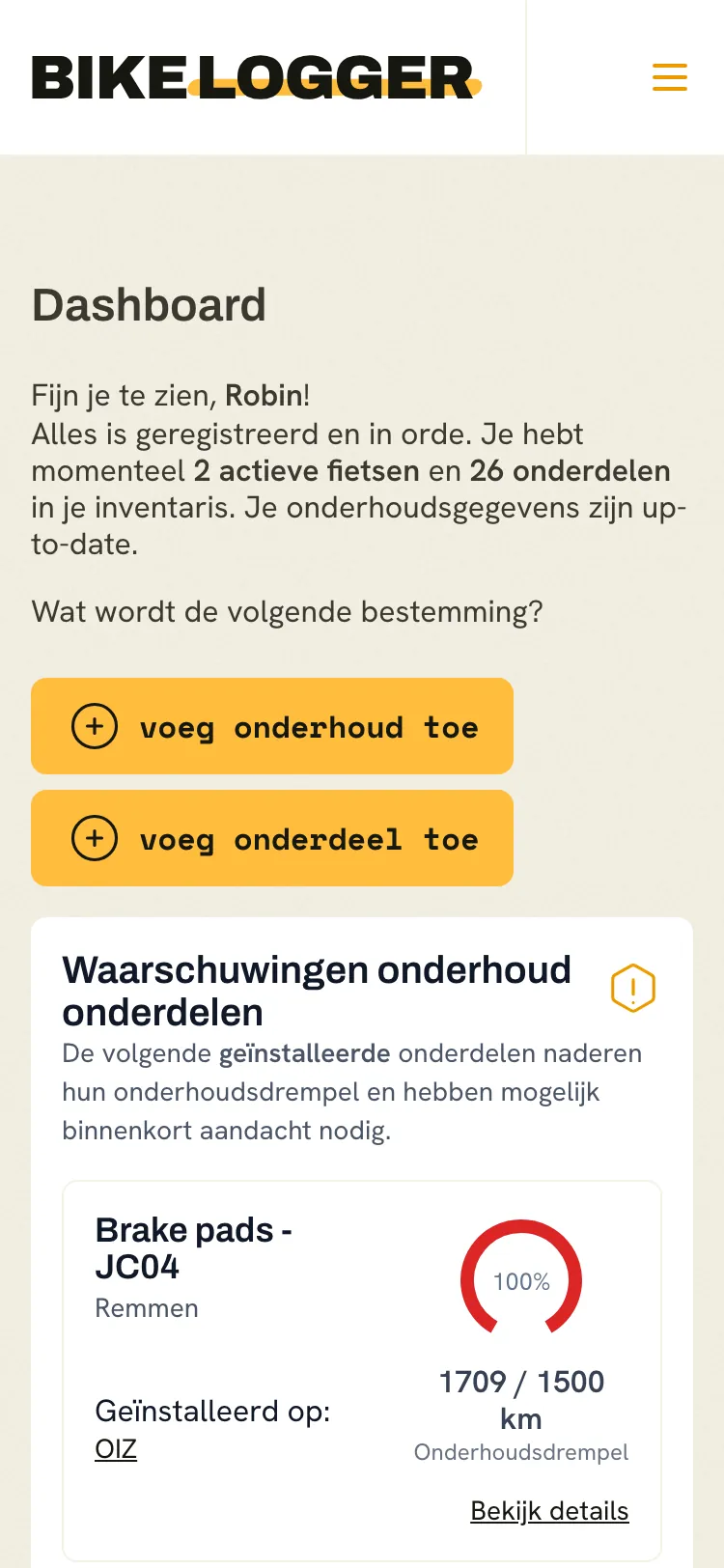 Het dashboard van Bike Logger, met de onderdelen die aandacht nodig hebben