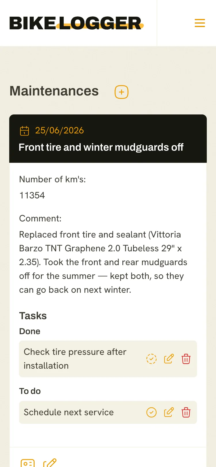 One bike's maintenance log, with dates, notes and photos