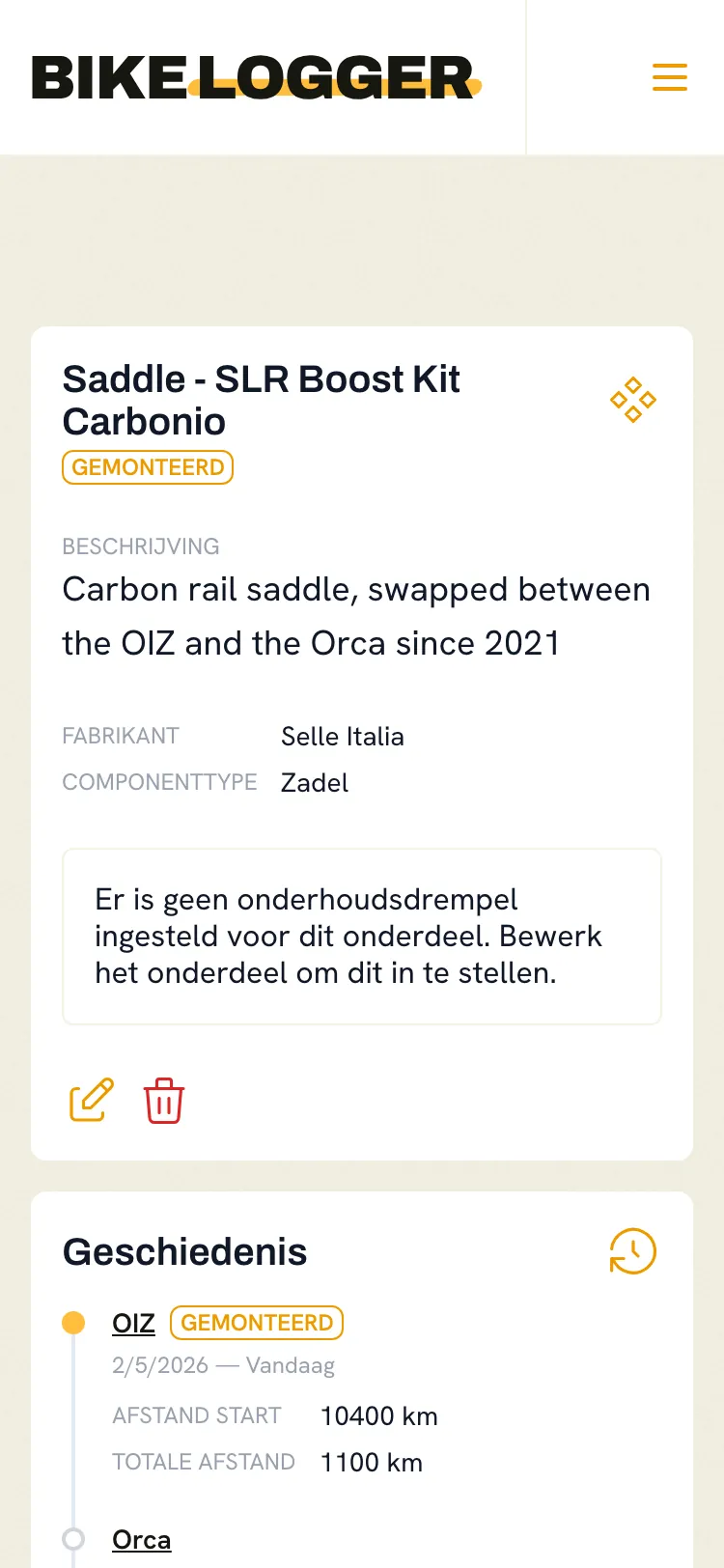 De volledige geschiedenis van een onderdeel, met elke fiets waarop het gemonteerd is geweest