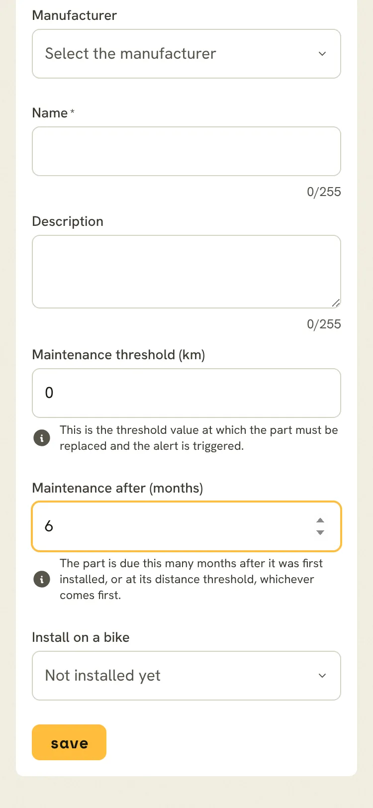 The part form with a maintenance threshold in kilometres and one in months