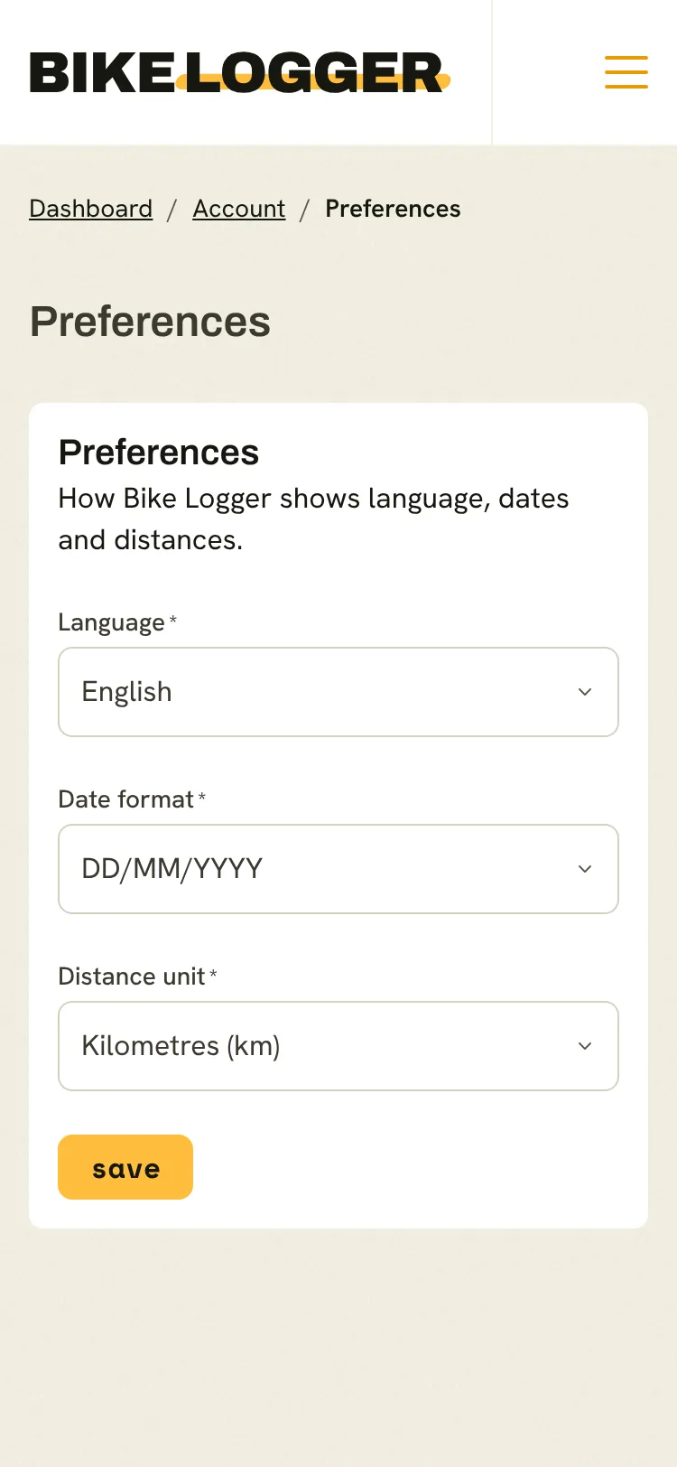 The Preferences page with language, date format and distance unit